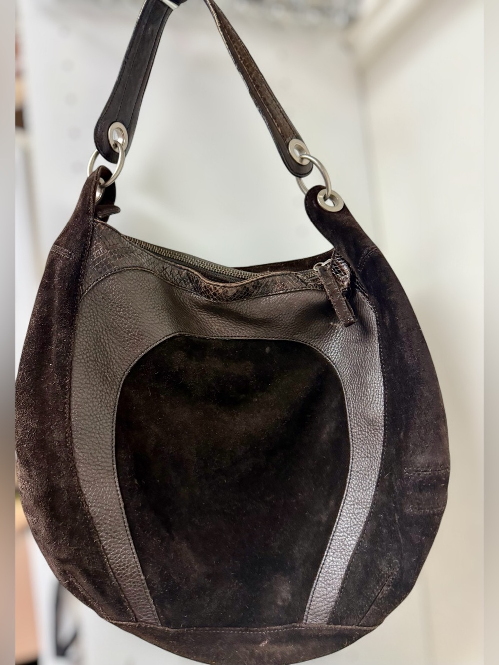 Tignanello Y2K Boho Chic Brown Suede & Leather Hobo Bag – Snake Print Trim